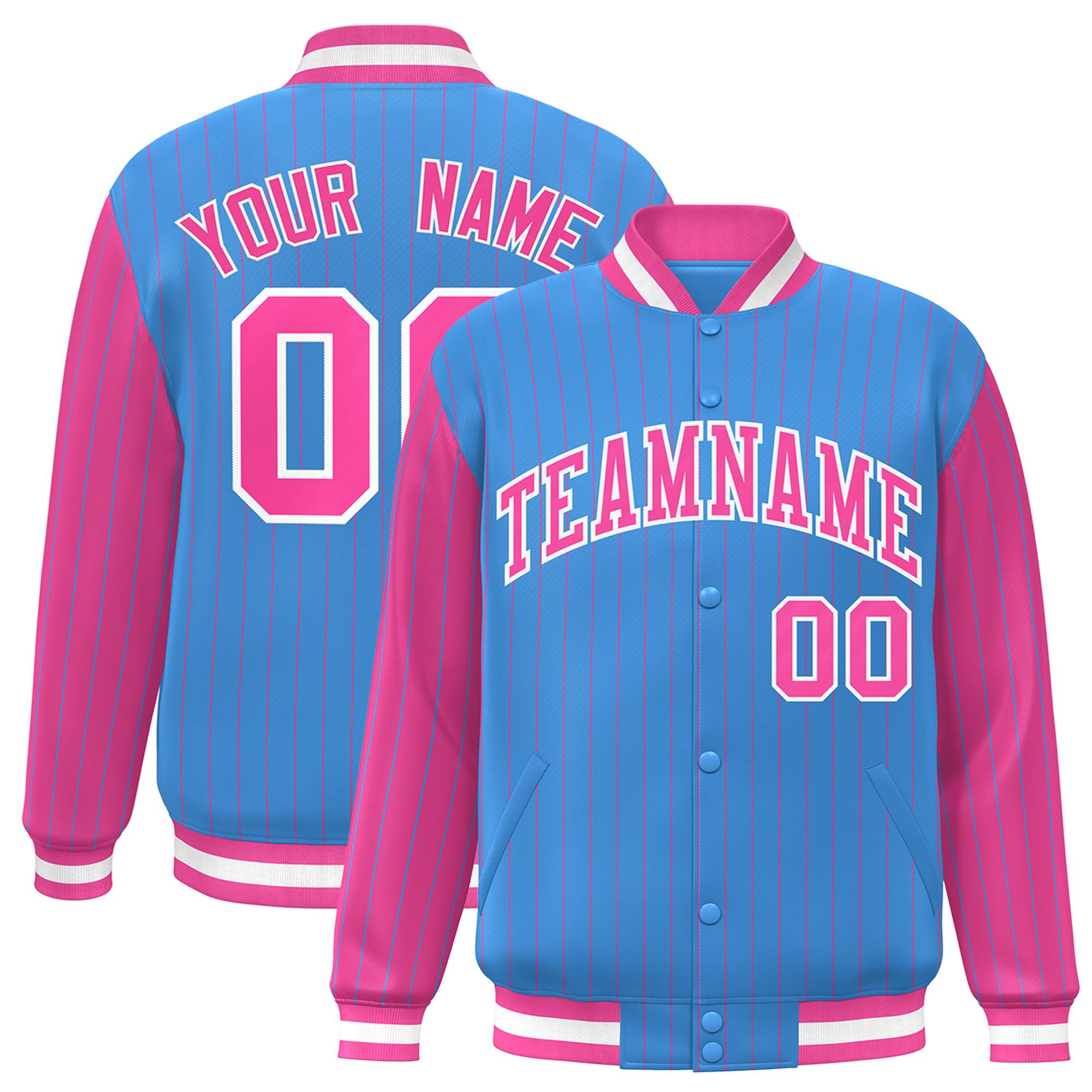 Custom Powder Blue Pink Pinstripe White-Pink Bomber Full-Snap Varsity Letterman Jacket