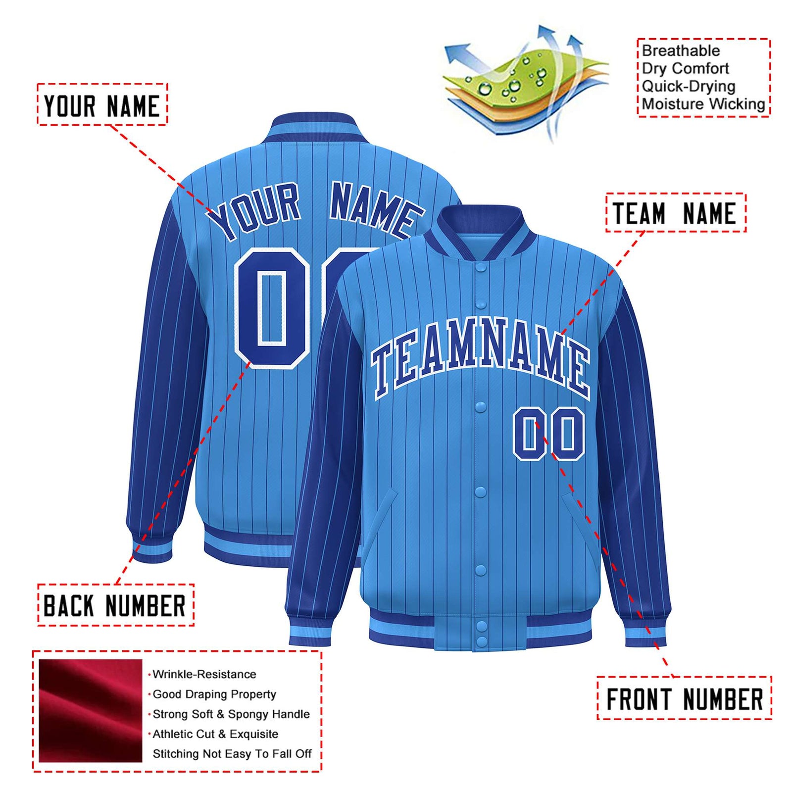 Custom Powder Blue Royal-Blue Pinstripe White Royal-Blue Bomber Full-Snap Varsity Letterman Jacket