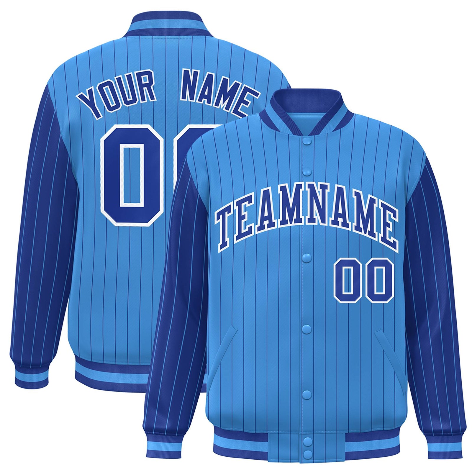 Custom Powder Blue Royal-Blue Pinstripe White Royal-Blue Bomber Full-Snap Varsity Letterman Jacket