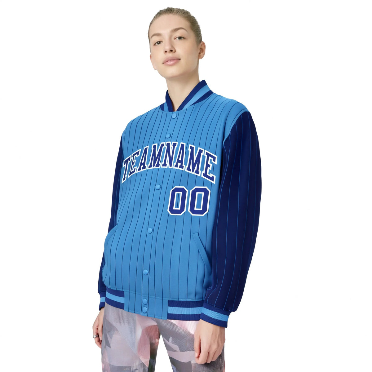 Custom Powder Blue Royal-Blue Pinstripe White Royal-Blue Bomber Full-Snap Varsity Letterman Jacket