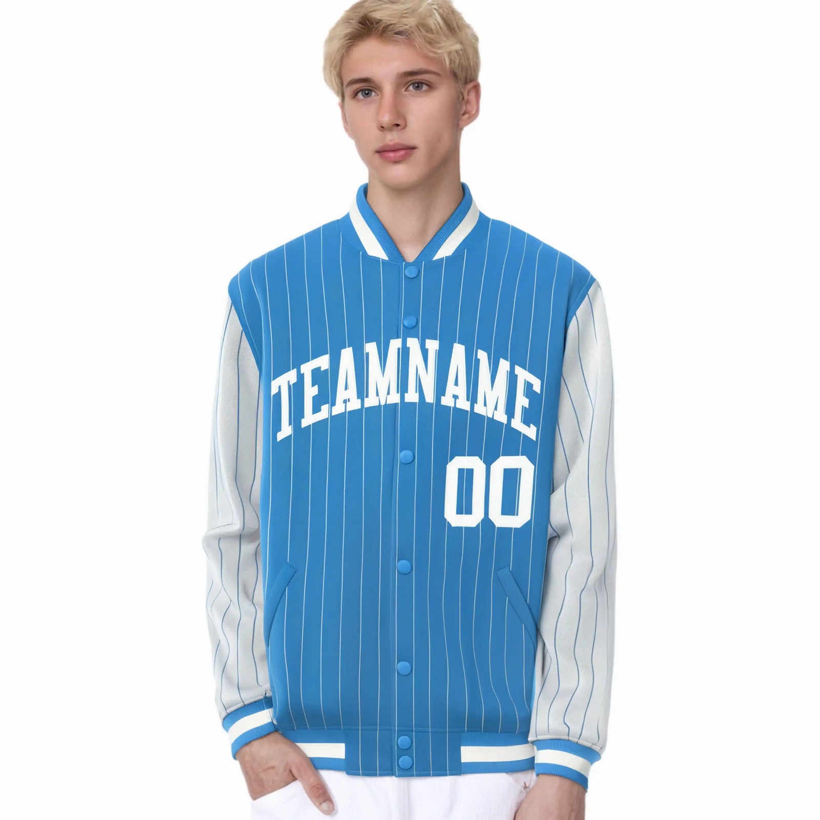 Custom Light Blue White Pinstripe White Bomber Full-Snap Varsity Letterman Jacket