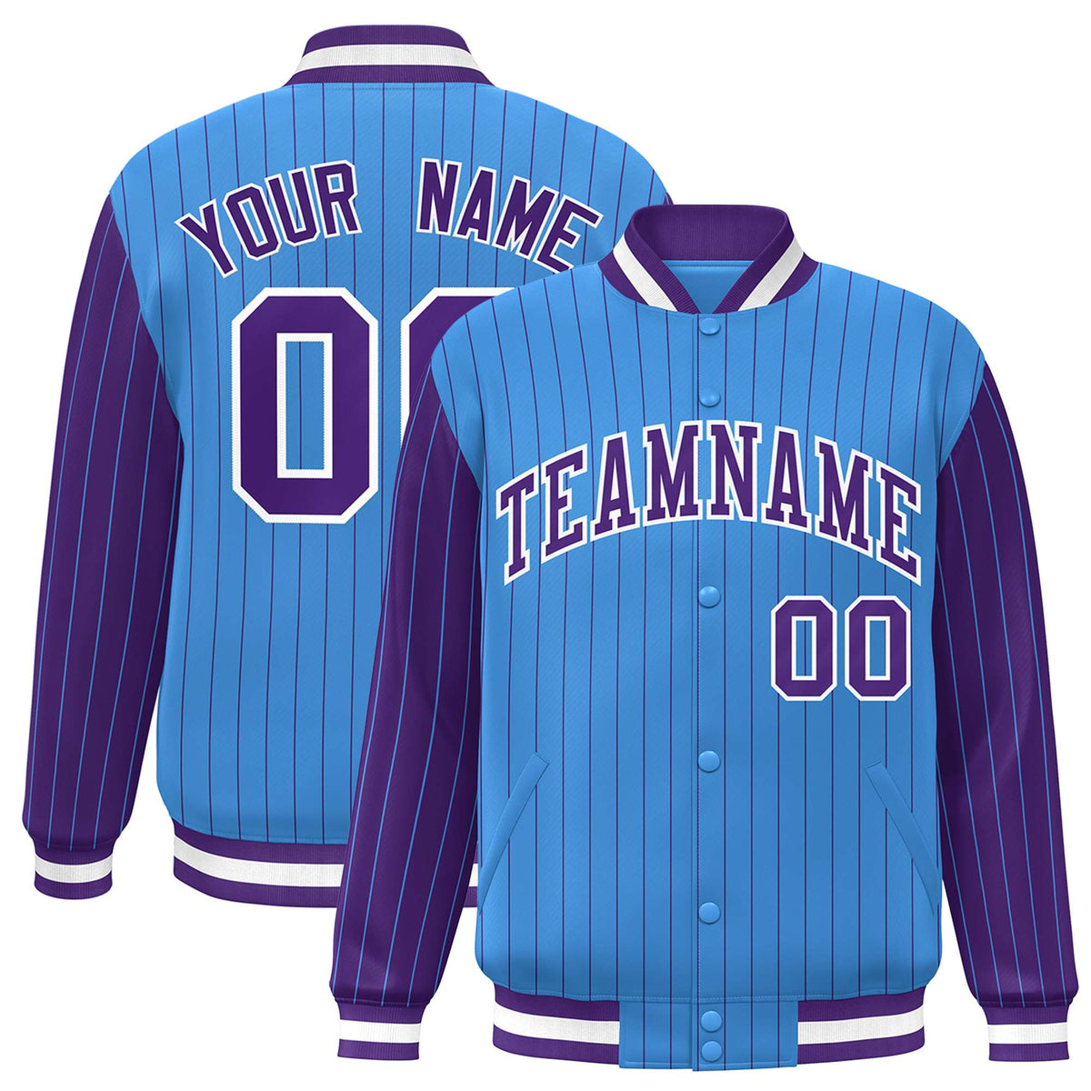 Custom Powder Blue Purple Pinstripe White-Purple Bomber Full-Snap Varsity Letterman Jacket