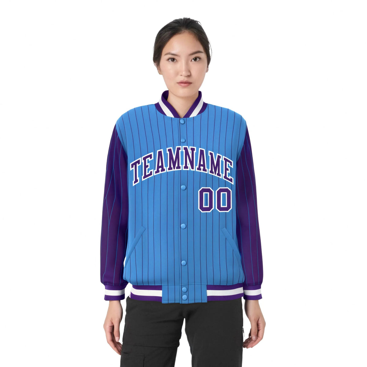 Custom Powder Blue Purple Pinstripe White-Purple Bomber Full-Snap Varsity Letterman Jacket