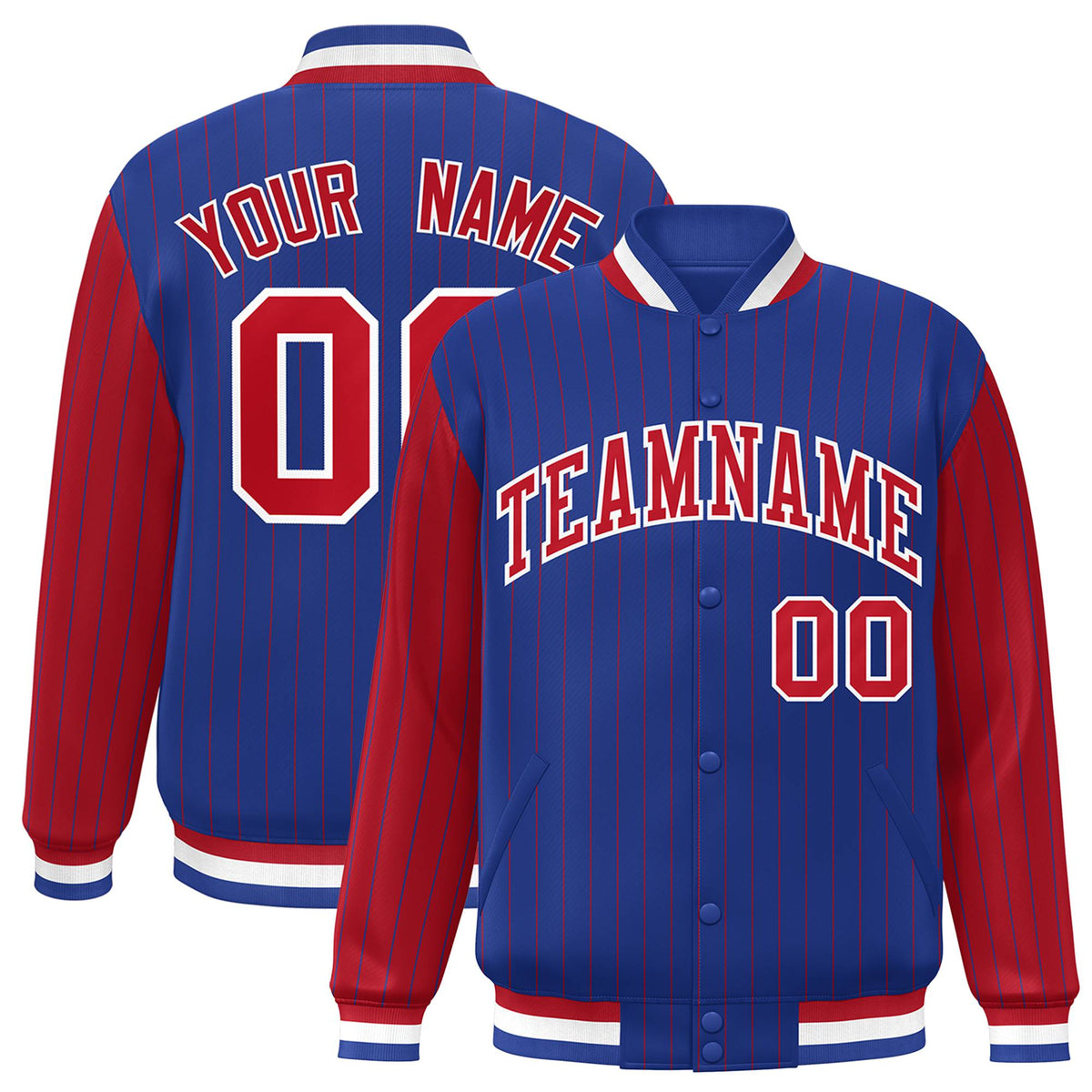 Custom Royal-Blue Red Pinstripe White-Red Bomber Full-Snap Varsity Letterman Jacket