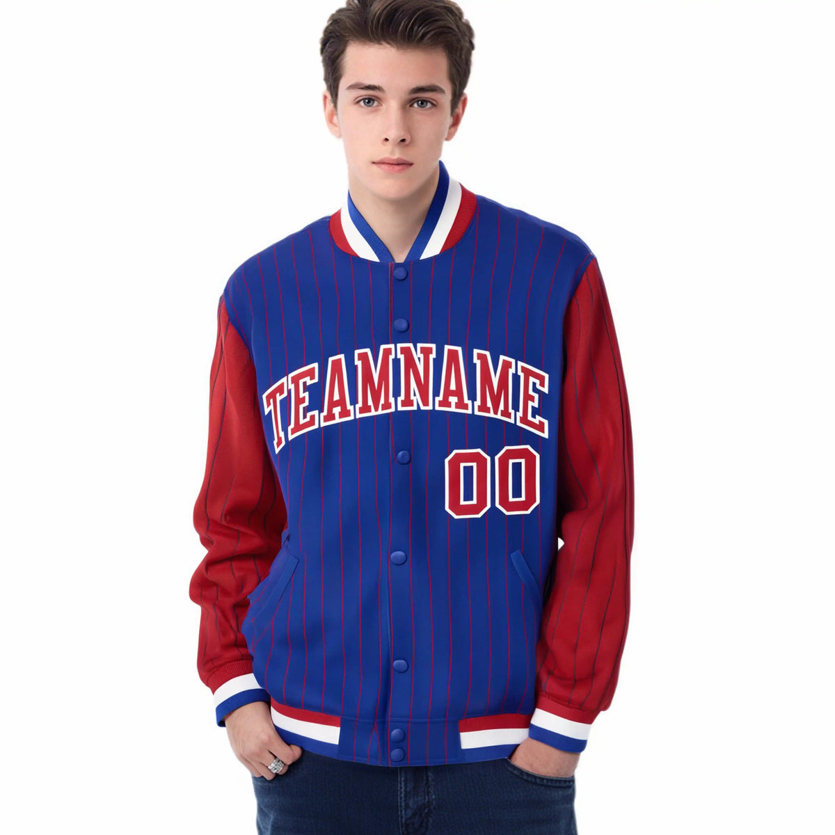 Custom Royal-Blue Red Pinstripe White-Red Bomber Full-Snap Varsity Letterman Jacket