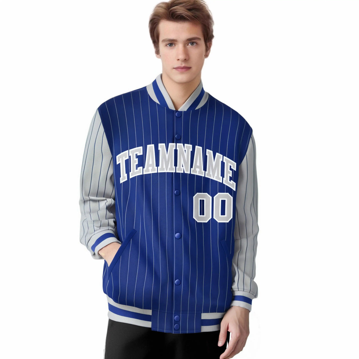 Custom Royal-Blue Gray Pinstripe White-Gray Bomber Full-Snap Varsity Letterman Jacket
