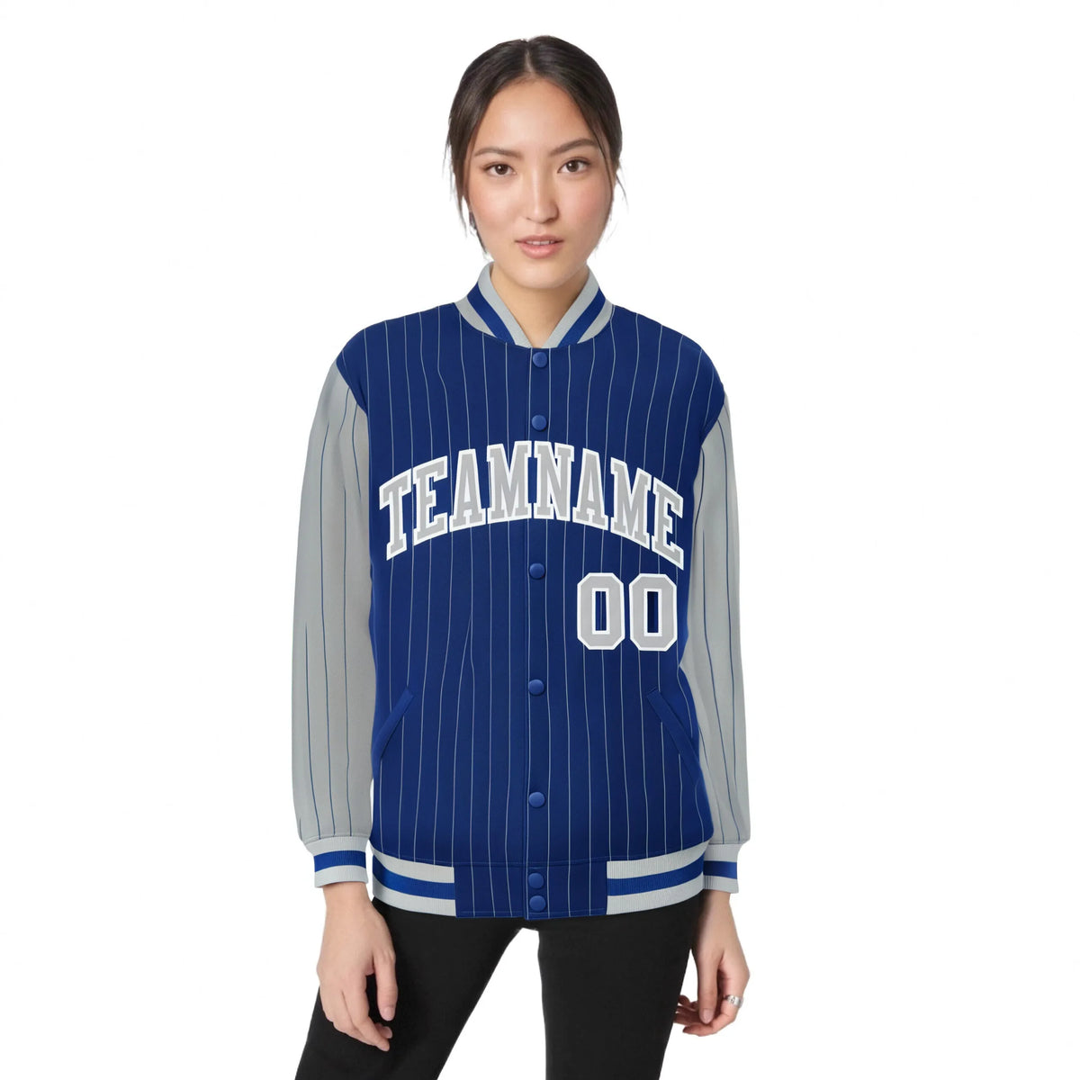 Custom Royal-Blue Gray Pinstripe White-Gray Bomber Full-Snap Varsity Letterman Jacket