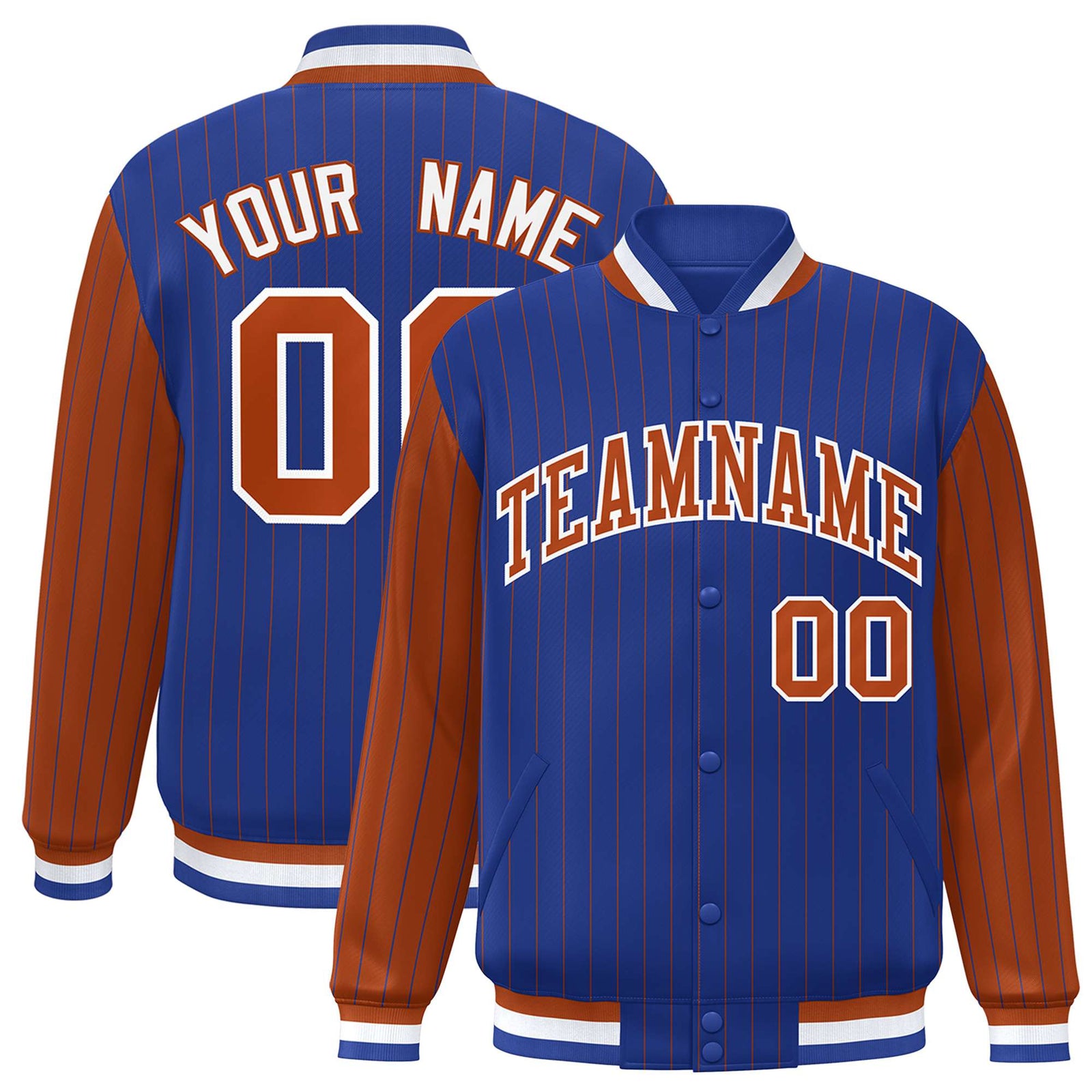 Custom Royal-Blue Brown Pinstripe White-Brown Bomber Full-Snap Varsity Letterman Jacket