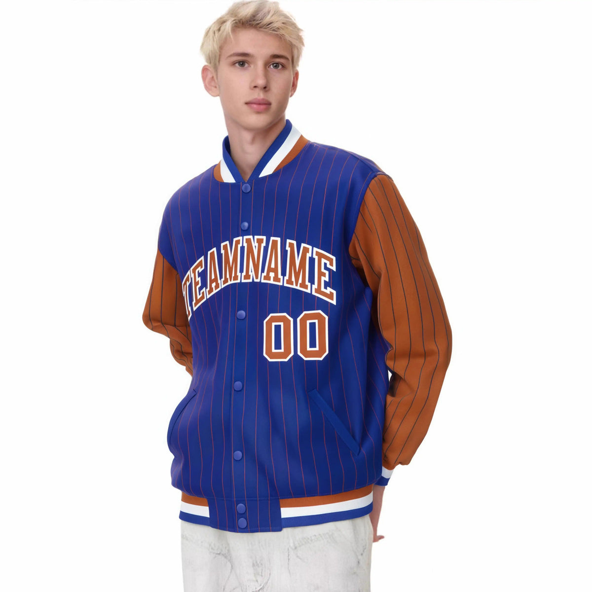Custom Royal-Blue Brown Pinstripe White-Brown Bomber Full-Snap Varsity Letterman Jacket