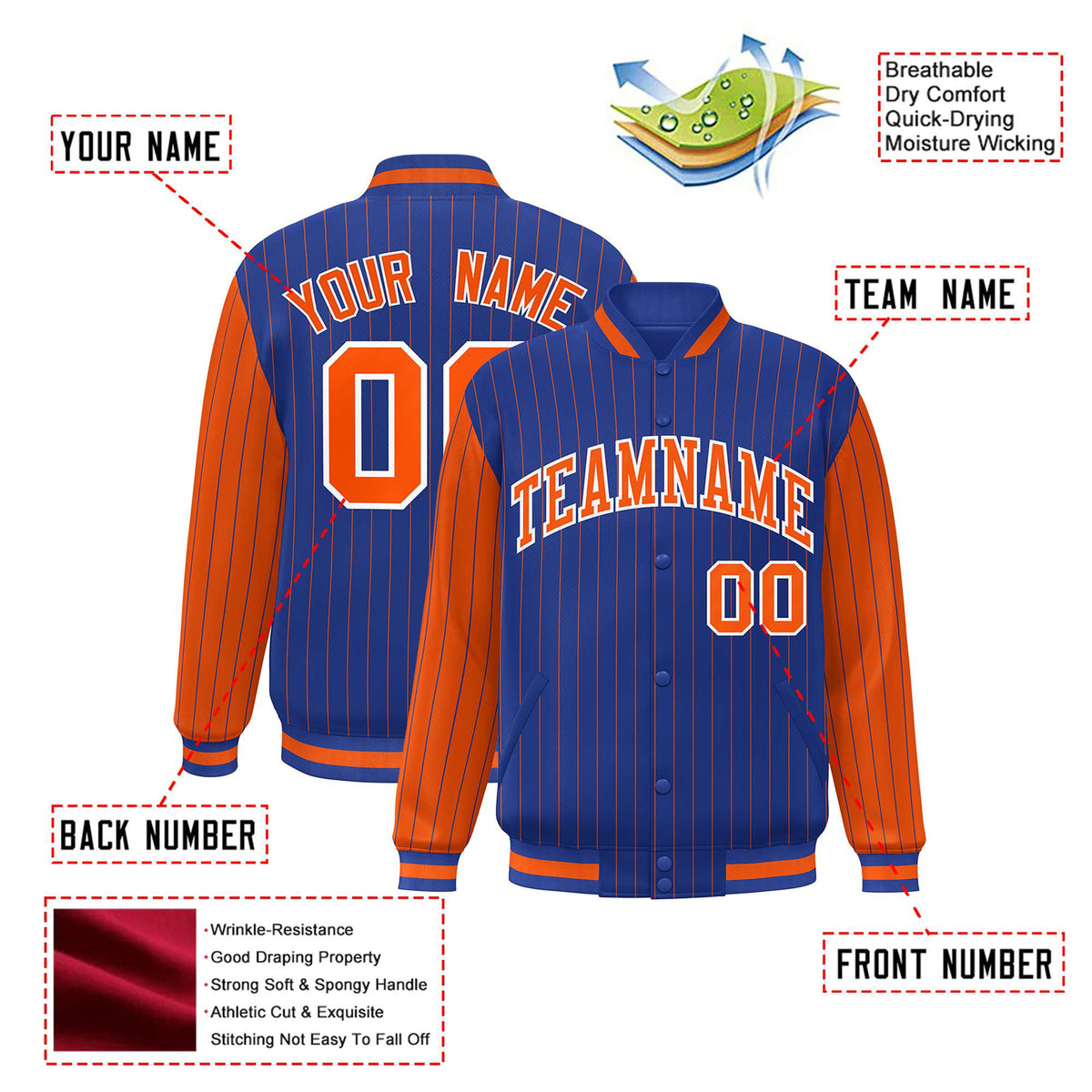 Custom Royal-Blue Orange Pinstripe White-Orange Bomber Full-Snap Varsity Letterman Jacket