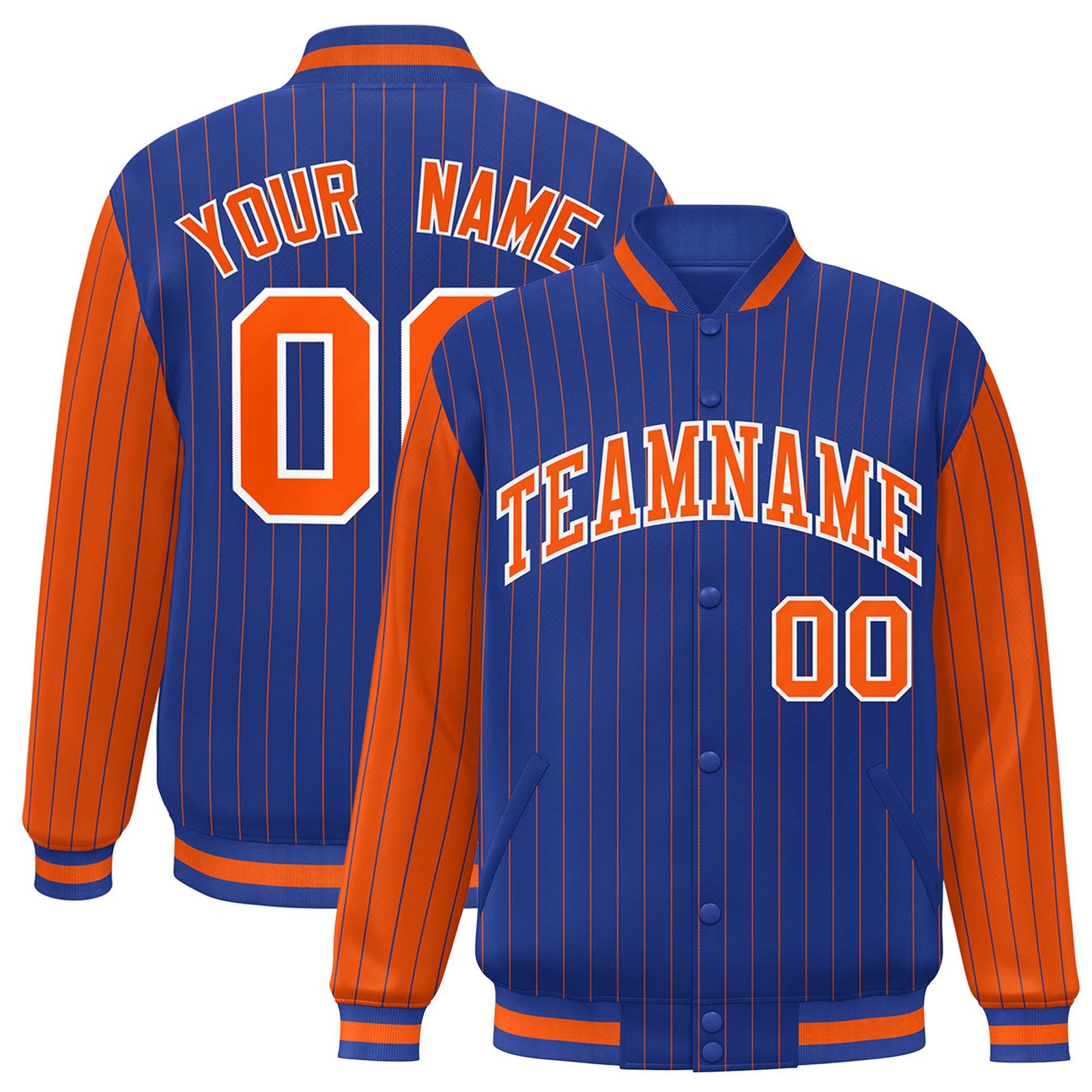Custom Royal-Blue Orange Pinstripe White-Orange Bomber Full-Snap Varsity Letterman Jacket