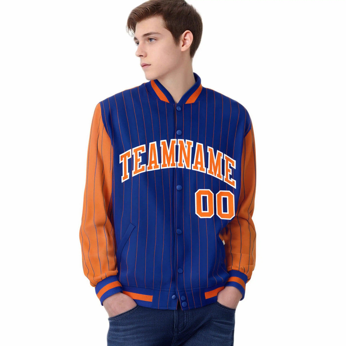 Custom Royal-Blue Orange Pinstripe White-Orange Bomber Full-Snap Varsity Letterman Jacket