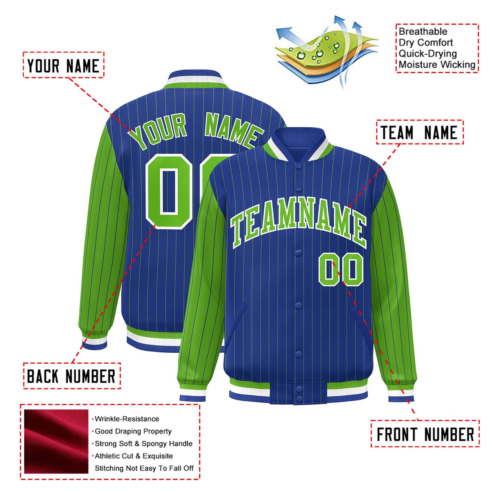 Custom Royal-Blue Neon-Green Pinstripe White Neon-Green Bomber Full-Snap Varsity Letterman Jacket