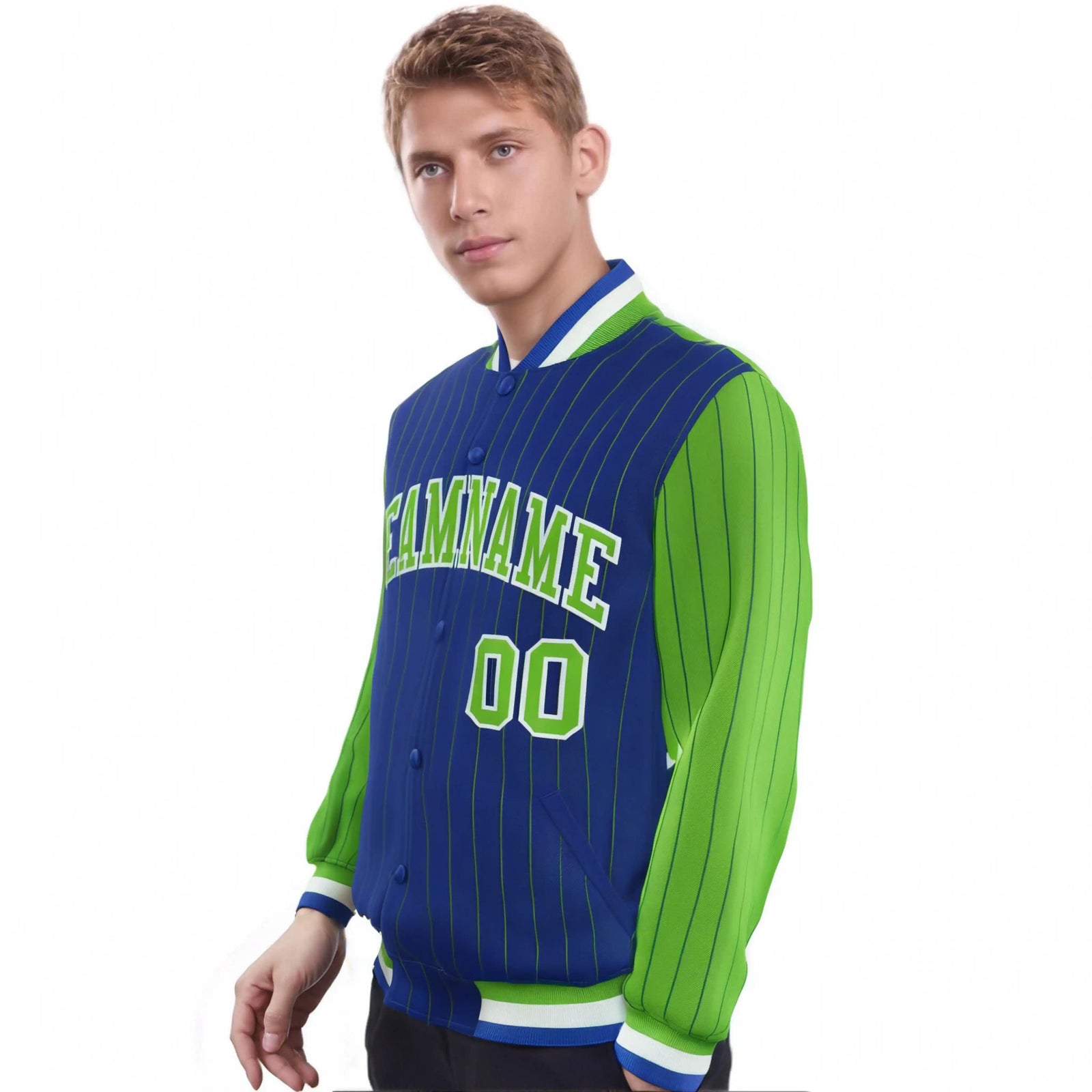 Custom Royal-Blue Neon-Green Pinstripe White Neon-Green Bomber Full-Snap Varsity Letterman Jacket