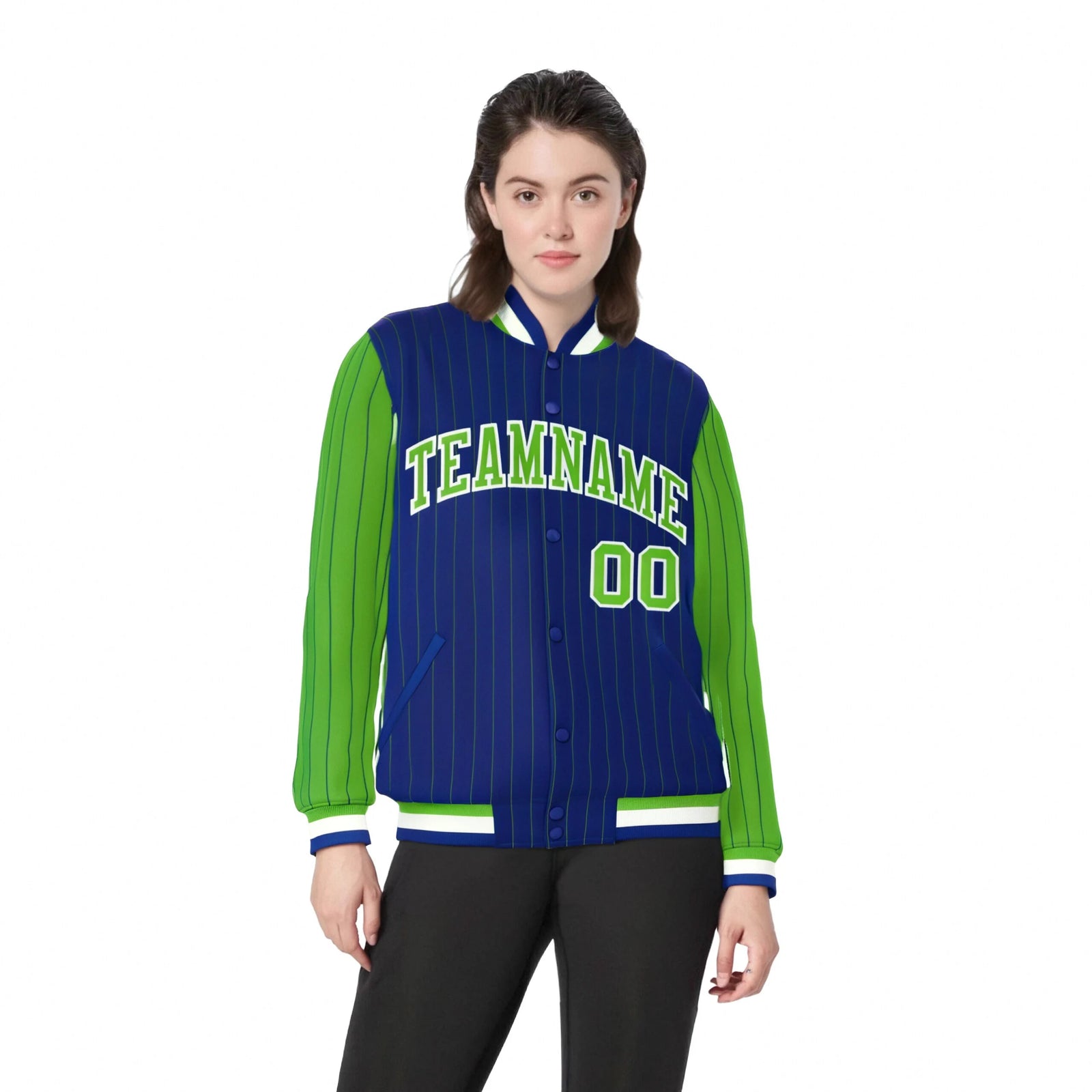 Custom Royal-Blue Neon-Green Pinstripe White Neon-Green Bomber Full-Snap Varsity Letterman Jacket