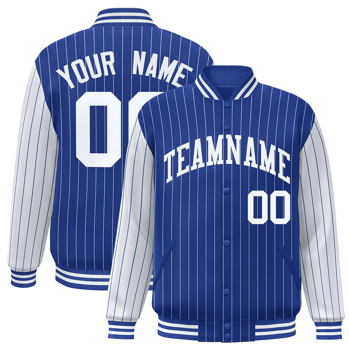 Custom Royal-Blue White Pinstripe White Bomber Full-Snap Varsity Letterman Jacket