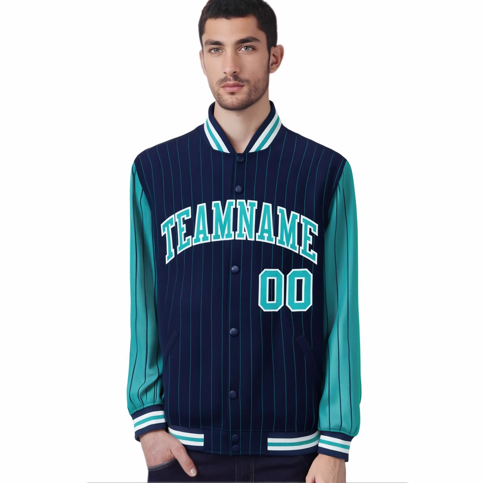 Custom Navy-Aqua Pinstripe White-Aqua Bomber Full-Snap Varsity Letterman Jacket