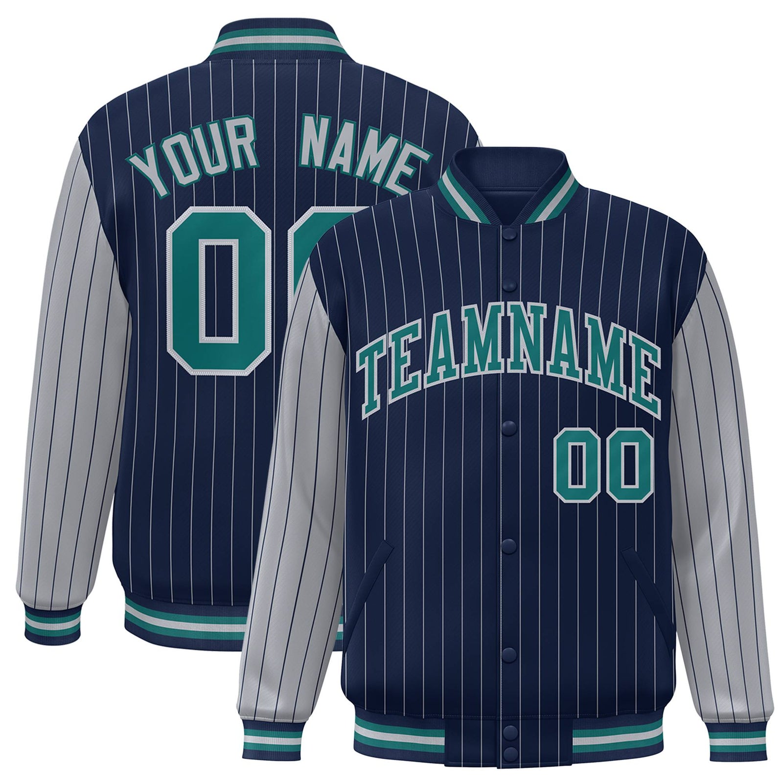 Custom Navy-Gray Pinstripe Gray-Aqua Bomber Full-Snap Varsity Letterman Jacket