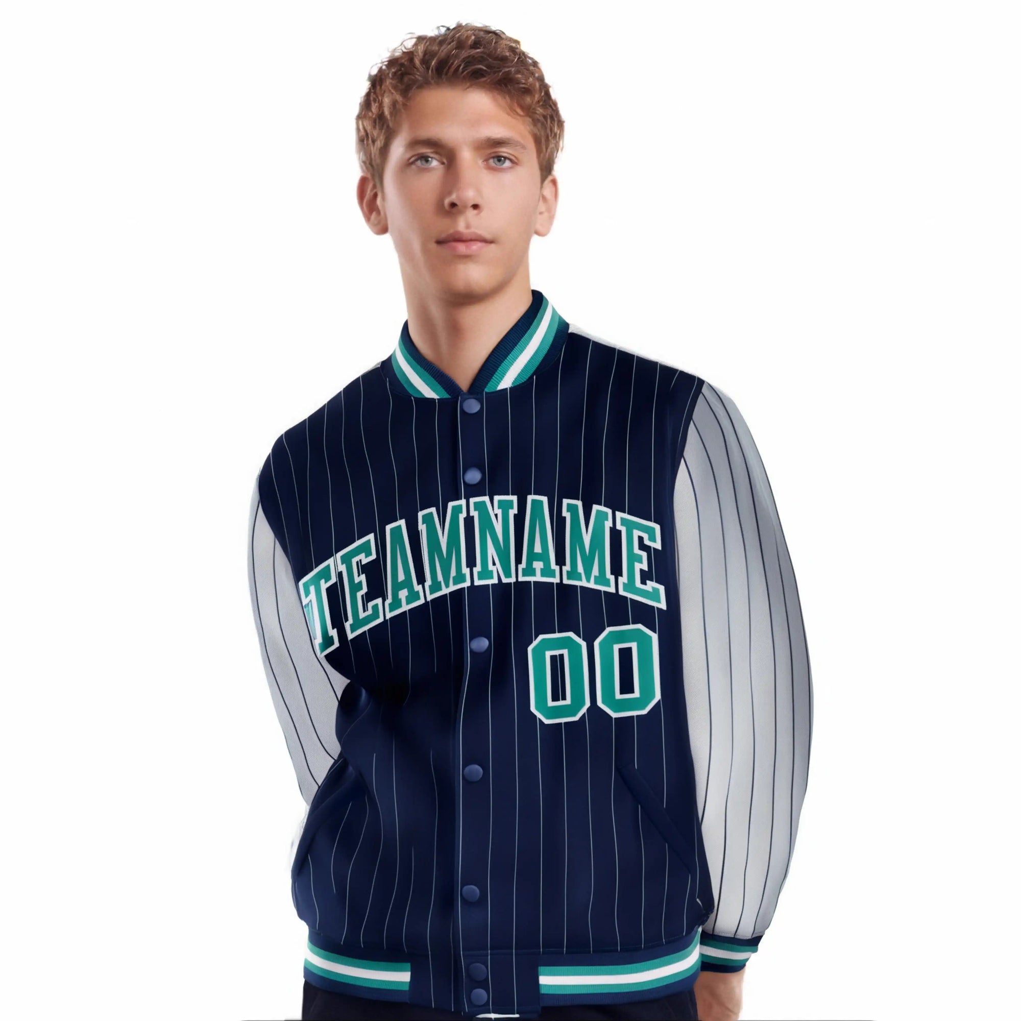 Custom Navy-Gray Pinstripe Gray-Aqua Bomber Full-Snap Varsity Letterman Jacket