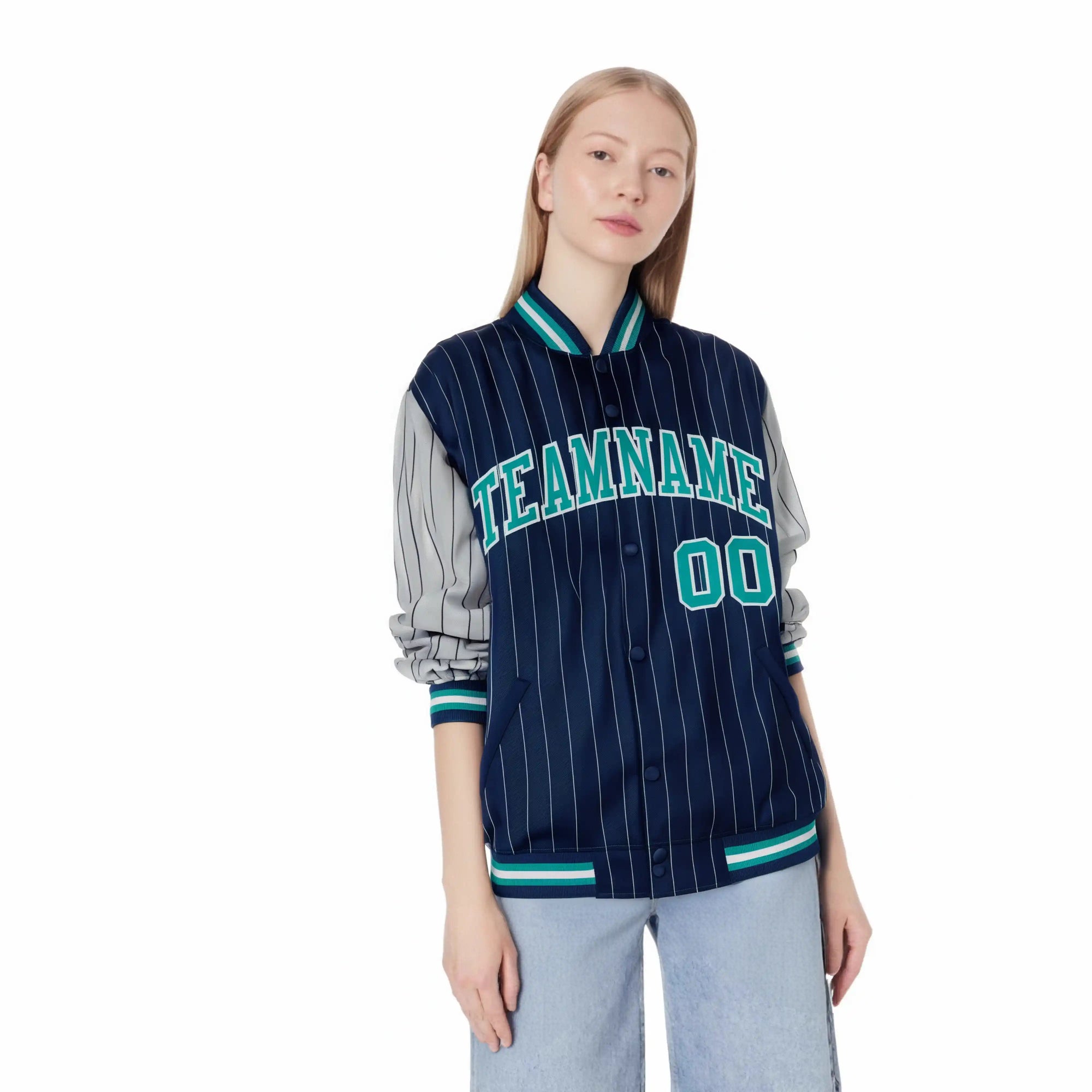 Custom Navy-Gray Pinstripe Gray-Aqua Bomber Full-Snap Varsity Letterman Jacket