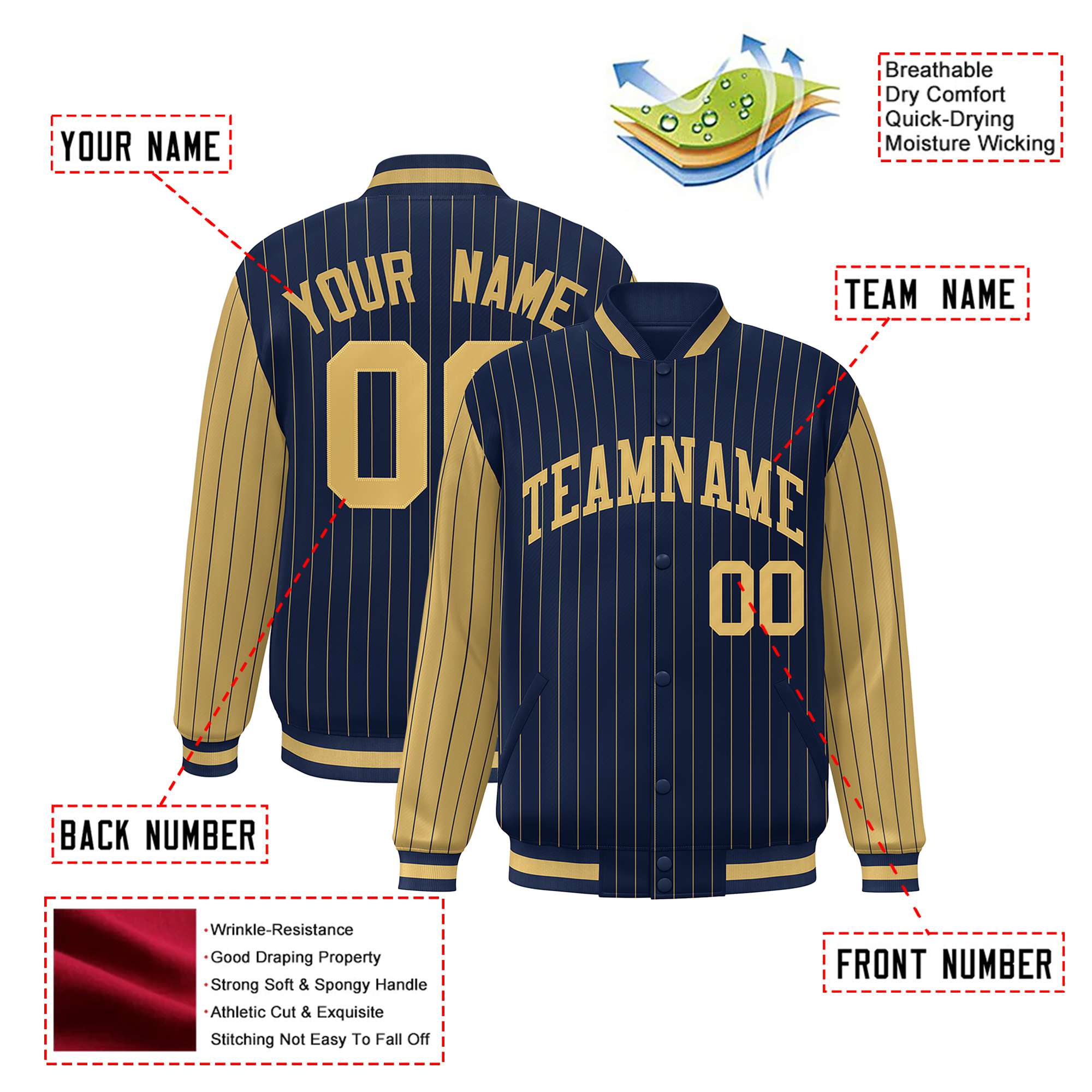 Custom Navy Old-Gold Pinstripe Old-Gold Bomber Full-Snap Varsity Letterman Jacket