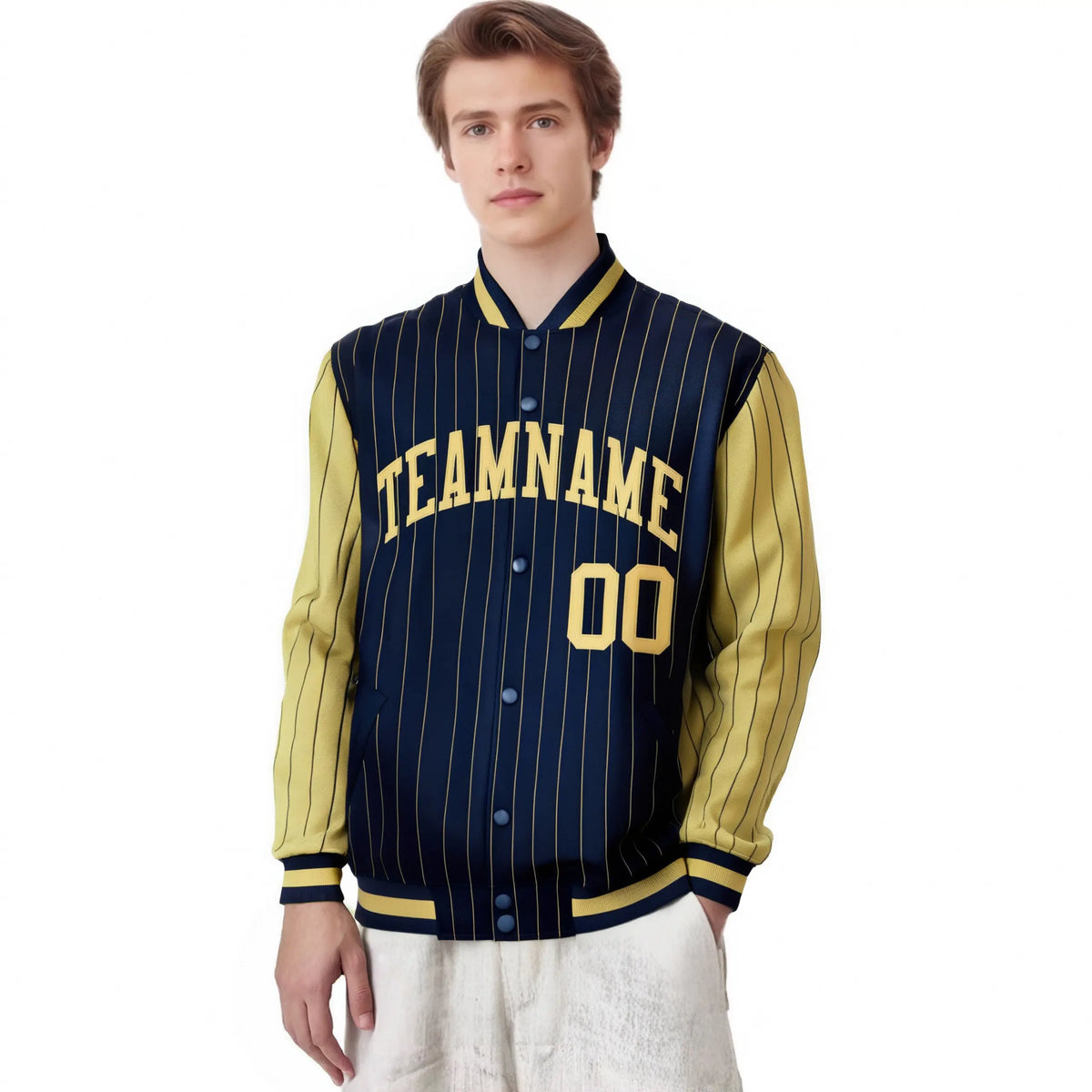 Custom Navy Old-Gold Pinstripe Old-Gold Bomber Full-Snap Varsity Letterman Jacket