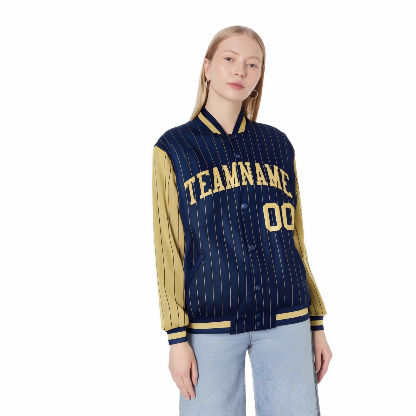 Custom Navy Old-Gold Pinstripe Old-Gold Bomber Full-Snap Varsity Letterman Jacket