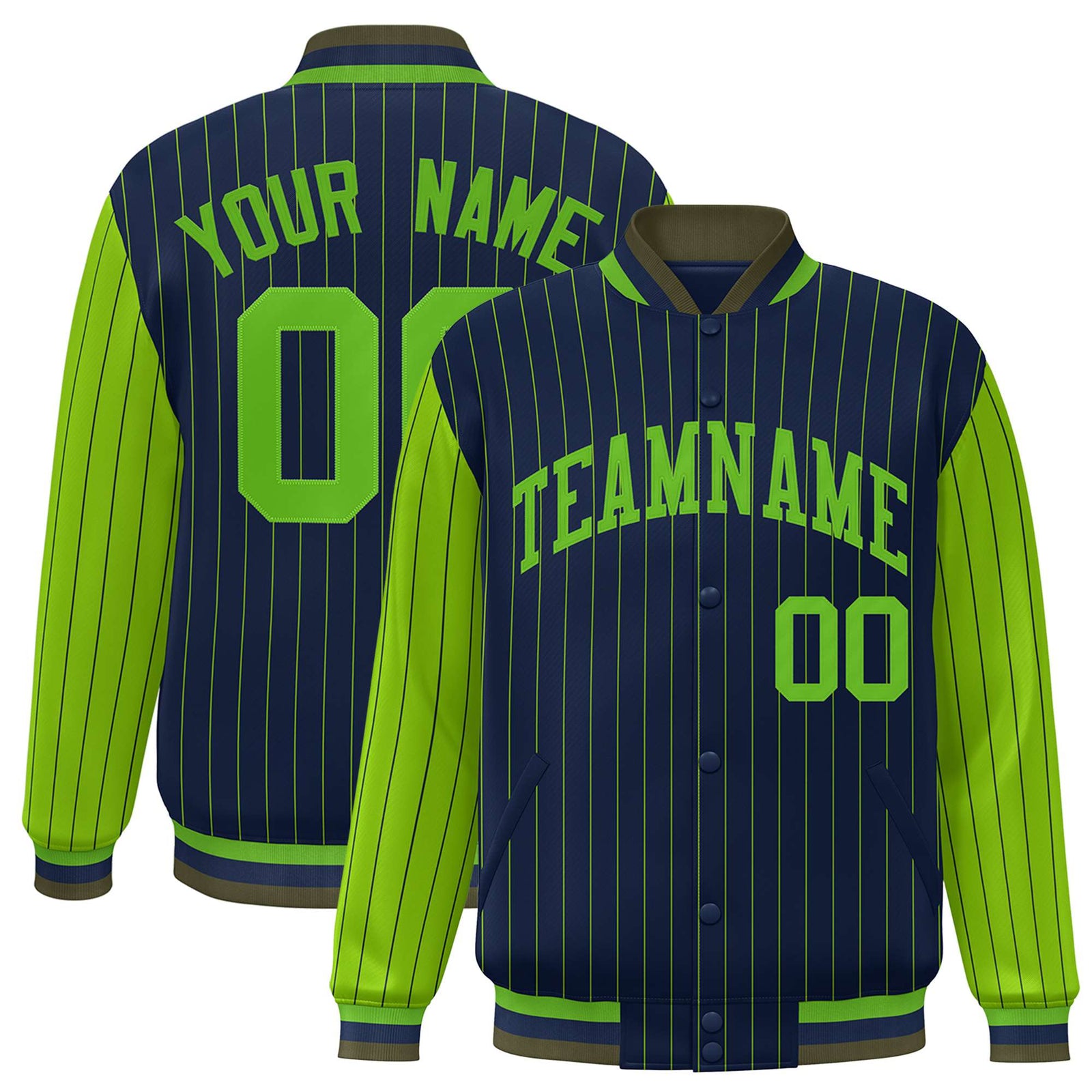 Custom Navy Neon-Green Pinstripe Neon-Green Bomber Full-Snap Varsity Letterman Jacket