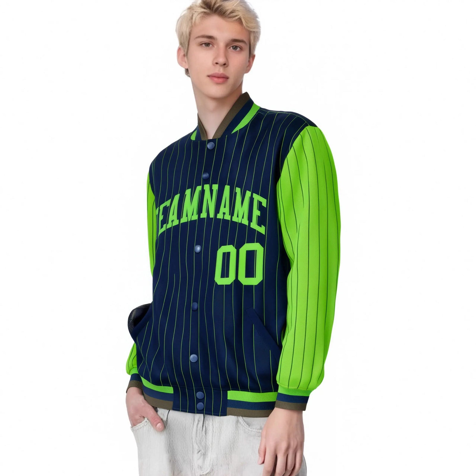 Custom Navy Neon-Green Pinstripe Neon-Green Bomber Full-Snap Varsity Letterman Jacket
