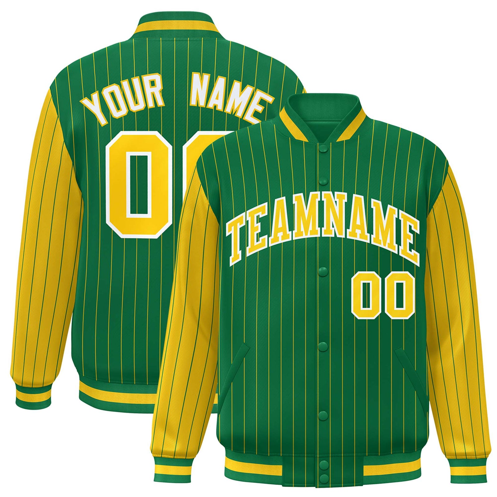 Custom Kelly Green Gold Pinstripe White-Gold Bomber Full-Snap Varsity Letterman Jacket