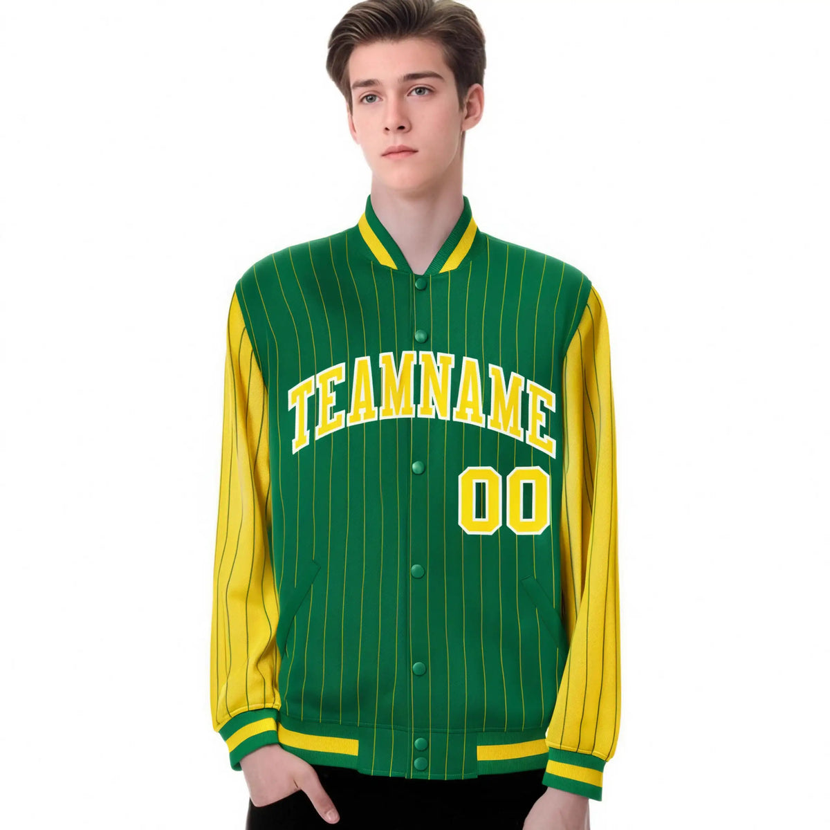 Custom Kelly Green Gold Pinstripe White-Gold Bomber Full-Snap Varsity Letterman Jacket