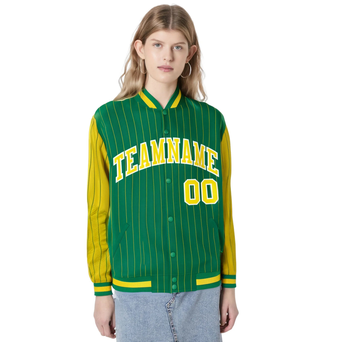 Custom Kelly Green Gold Pinstripe White-Gold Bomber Full-Snap Varsity Letterman Jacket