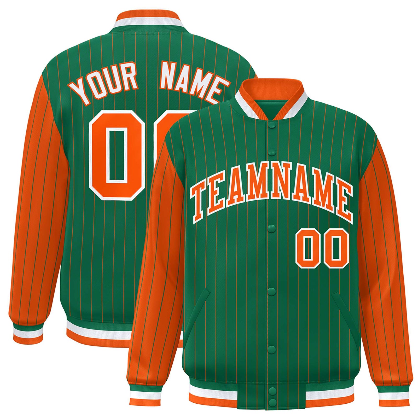 Custom Kelly Green Orange Pinstripe White-Orange Bomber Full-Snap Varsity Letterman Jacket