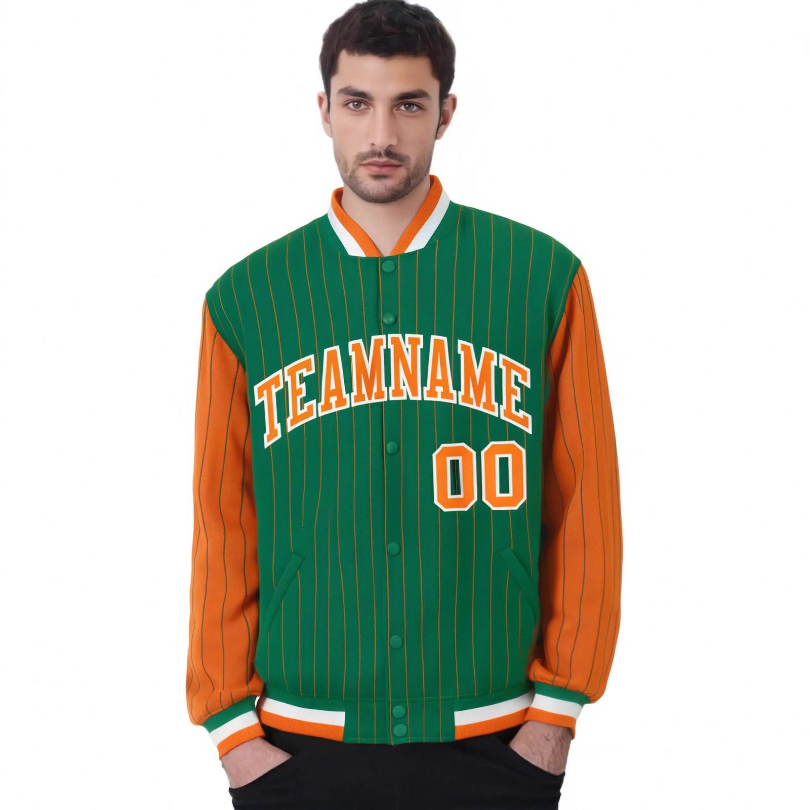 Custom Kelly Green Orange Pinstripe White-Orange Bomber Full-Snap Varsity Letterman Jacket