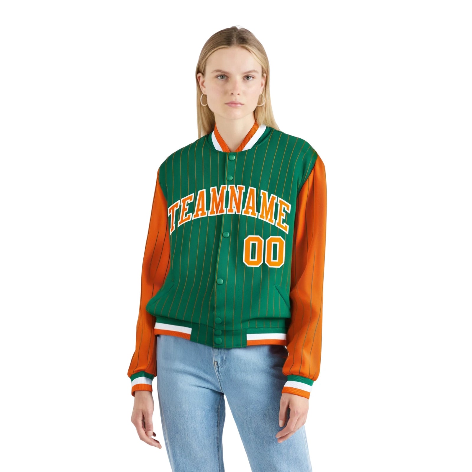 Custom Kelly Green Orange Pinstripe White-Orange Bomber Full-Snap Varsity Letterman Jacket