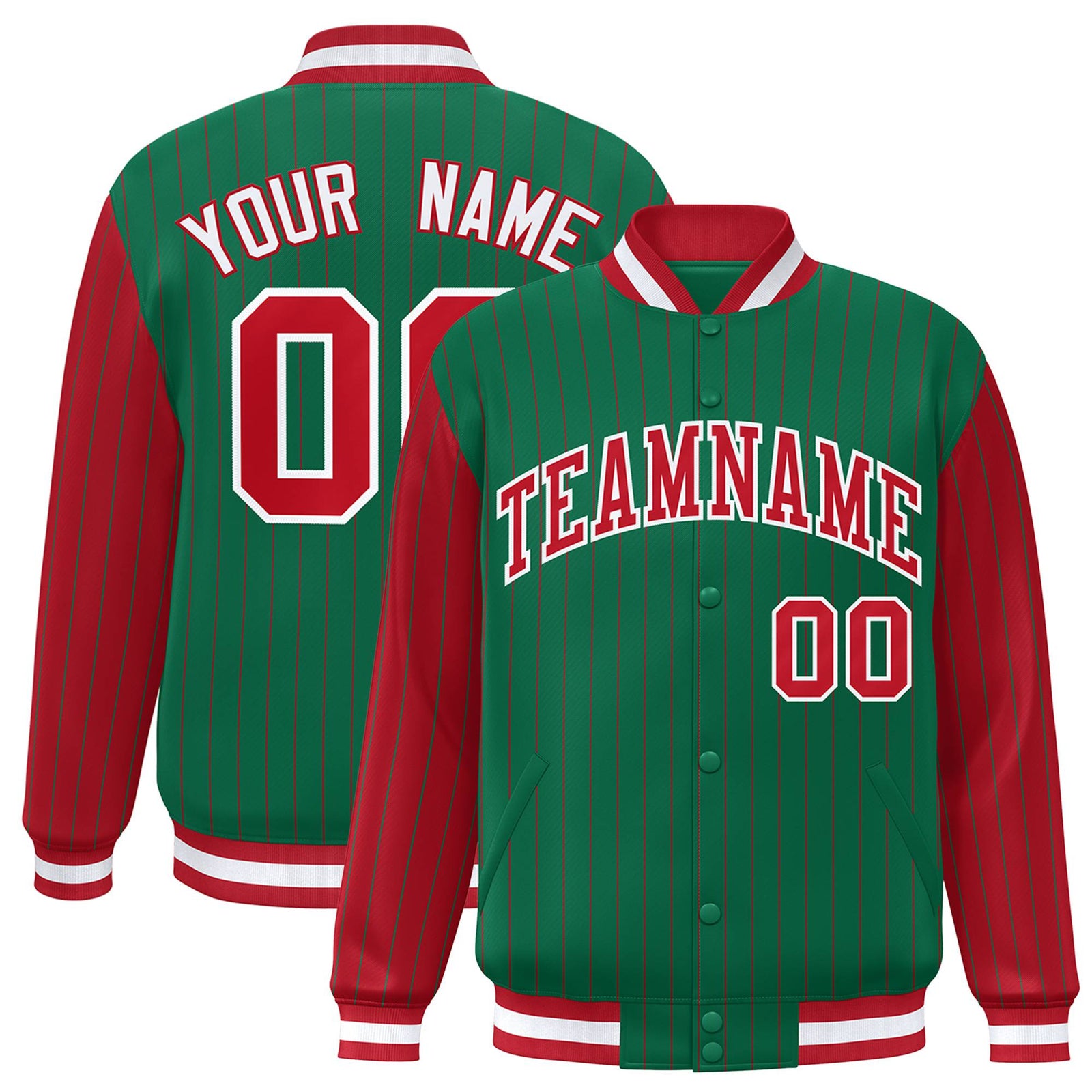 Custom Kelly Green Red Pinstripe White-Red Bomber Full-Snap Varsity Letterman Jacket