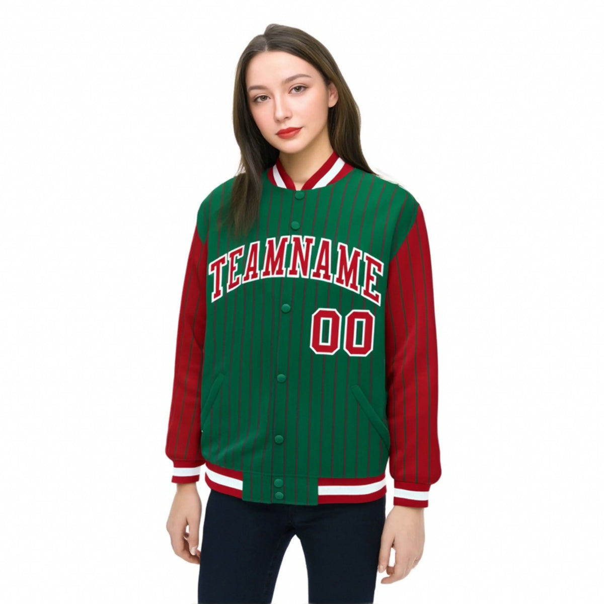 Custom Kelly Green Red Pinstripe White-Red Bomber Full-Snap Varsity Letterman Jacket