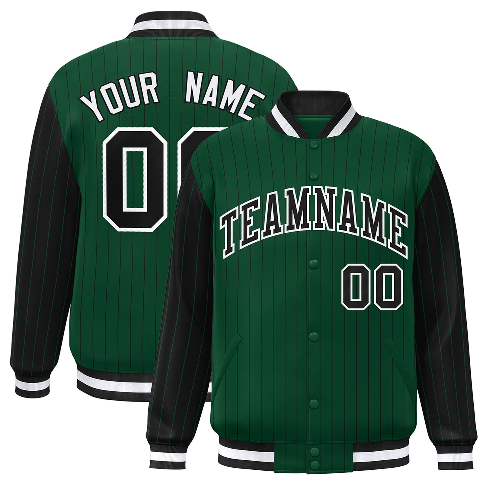 Custom Kelly Green Black Pinstripe White-Black Bomber Full-Snap Varsity Letterman Jacket