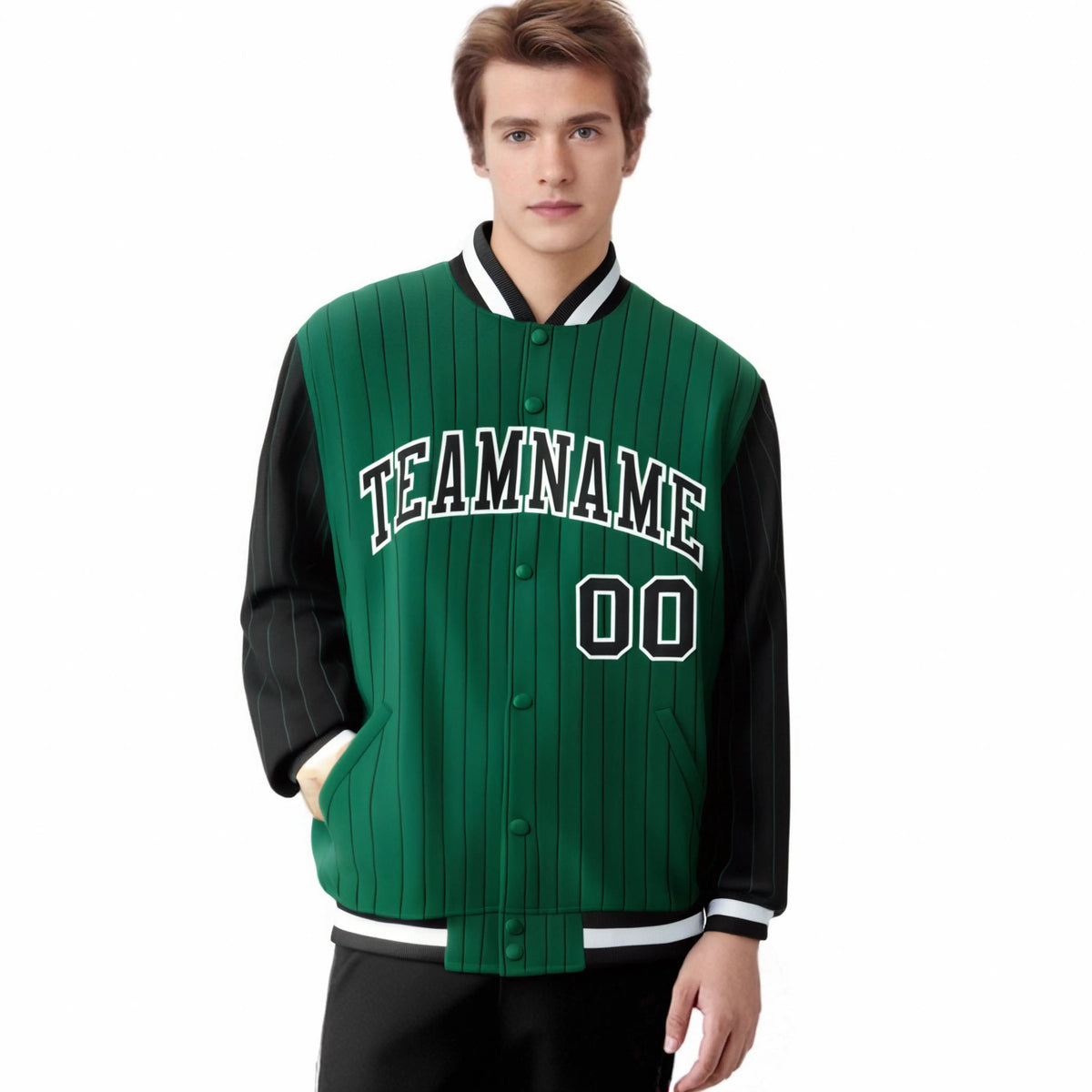 Custom Kelly Green Black Pinstripe White-Black Bomber Full-Snap Varsity Letterman Jacket