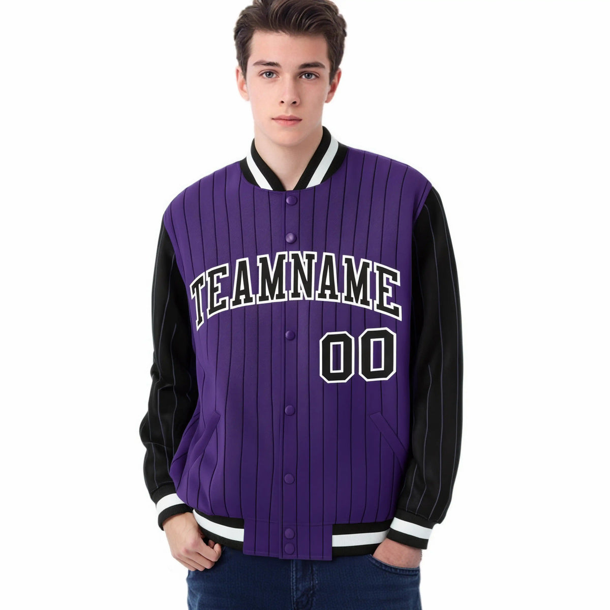 Custom Purple Black Pinstripe White-Black Bomber Full-Snap Varsity Letterman Jacket