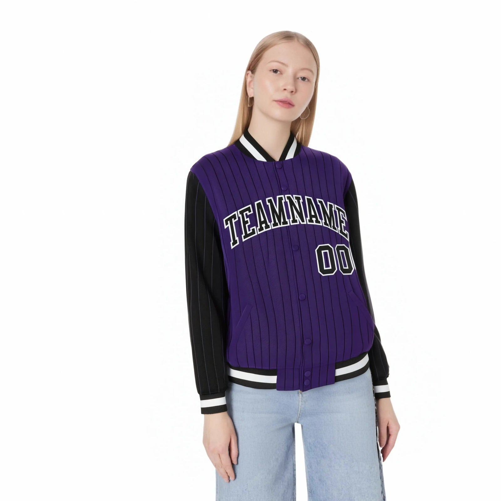 Custom Purple Black Pinstripe White-Black Bomber Full-Snap Varsity Letterman Jacket