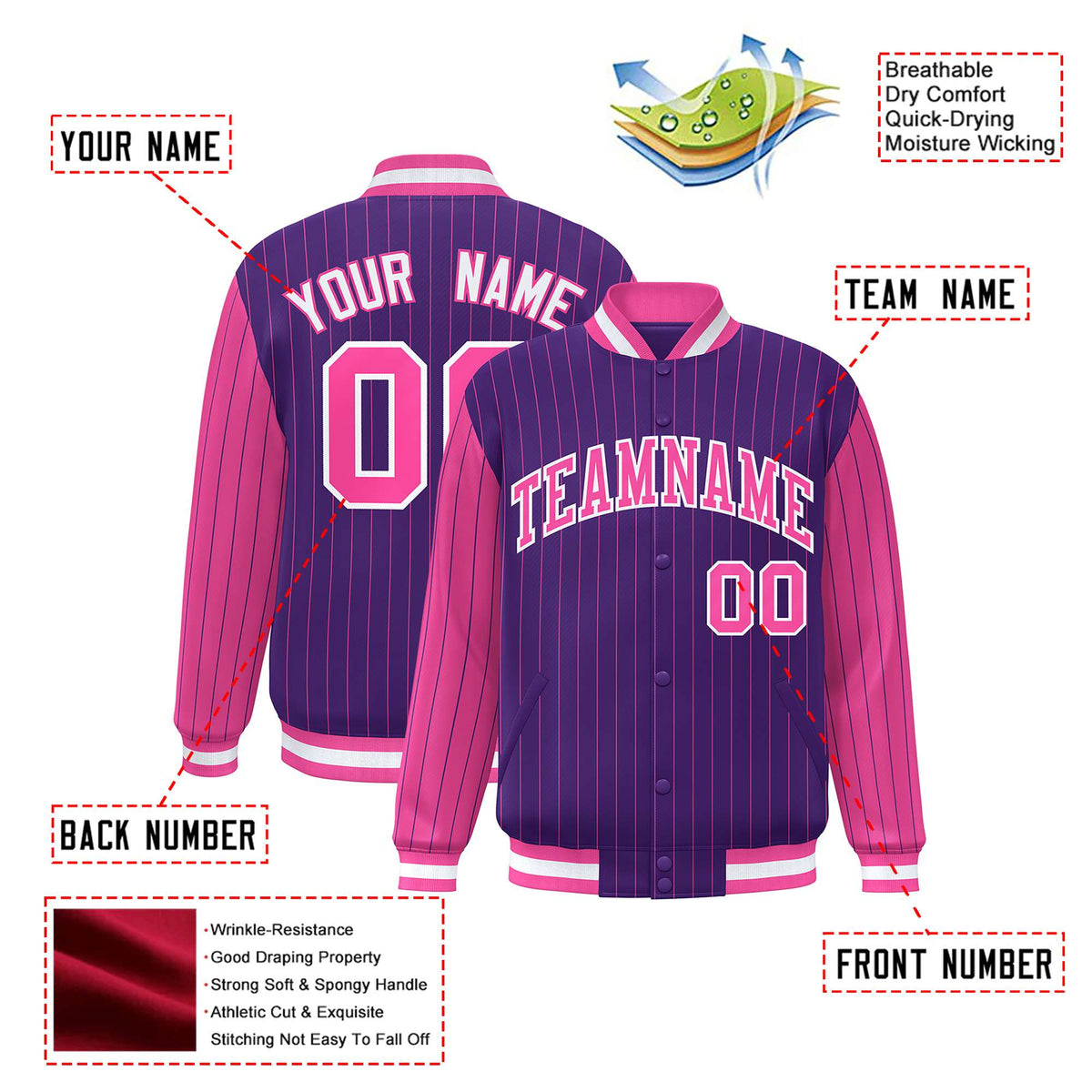 Custom Purple Pink Pinstripe White-Pink Bomber Full-Snap Varsity Letterman Jacket
