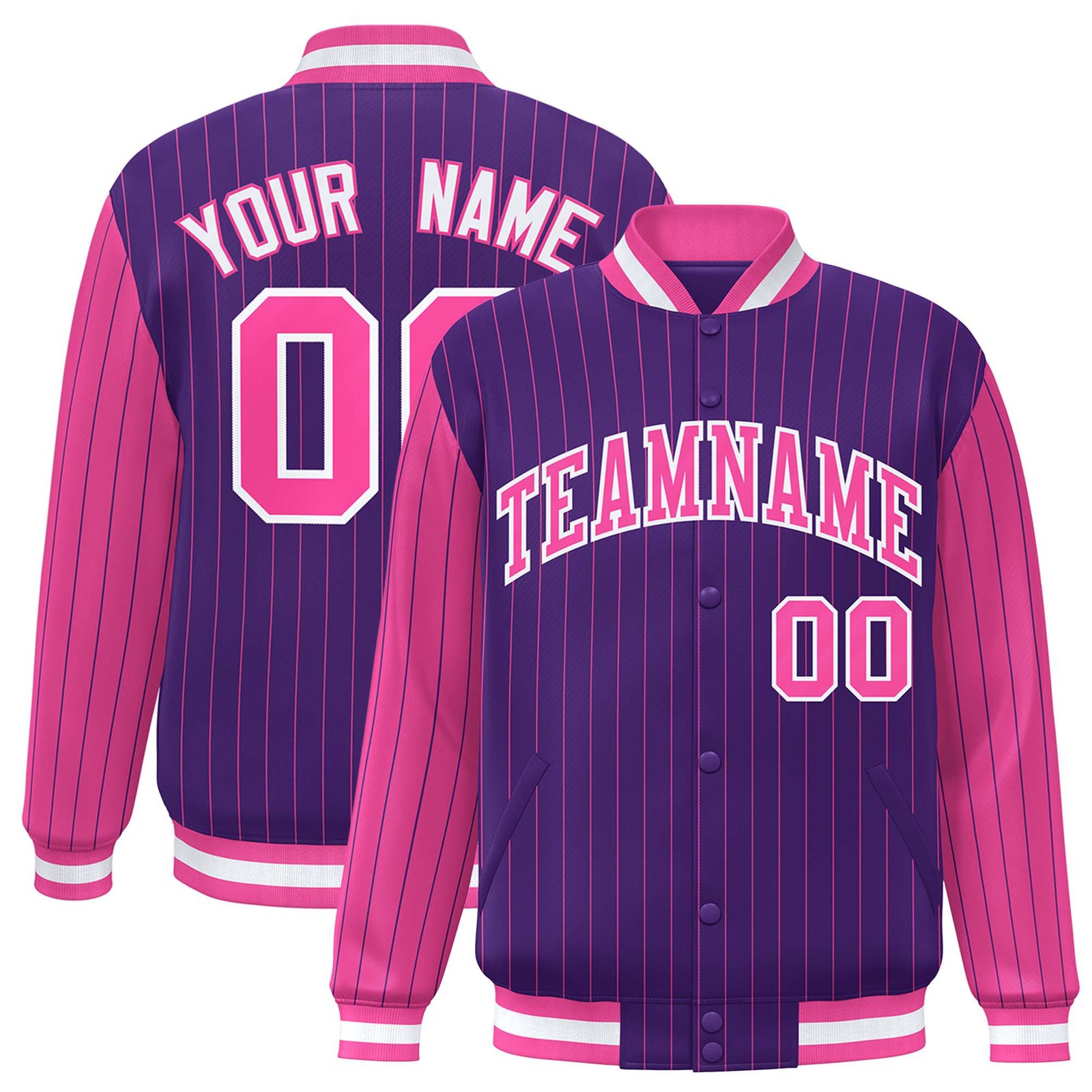 Custom Purple Pink Pinstripe White-Pink Bomber Full-Snap Varsity Letterman Jacket
