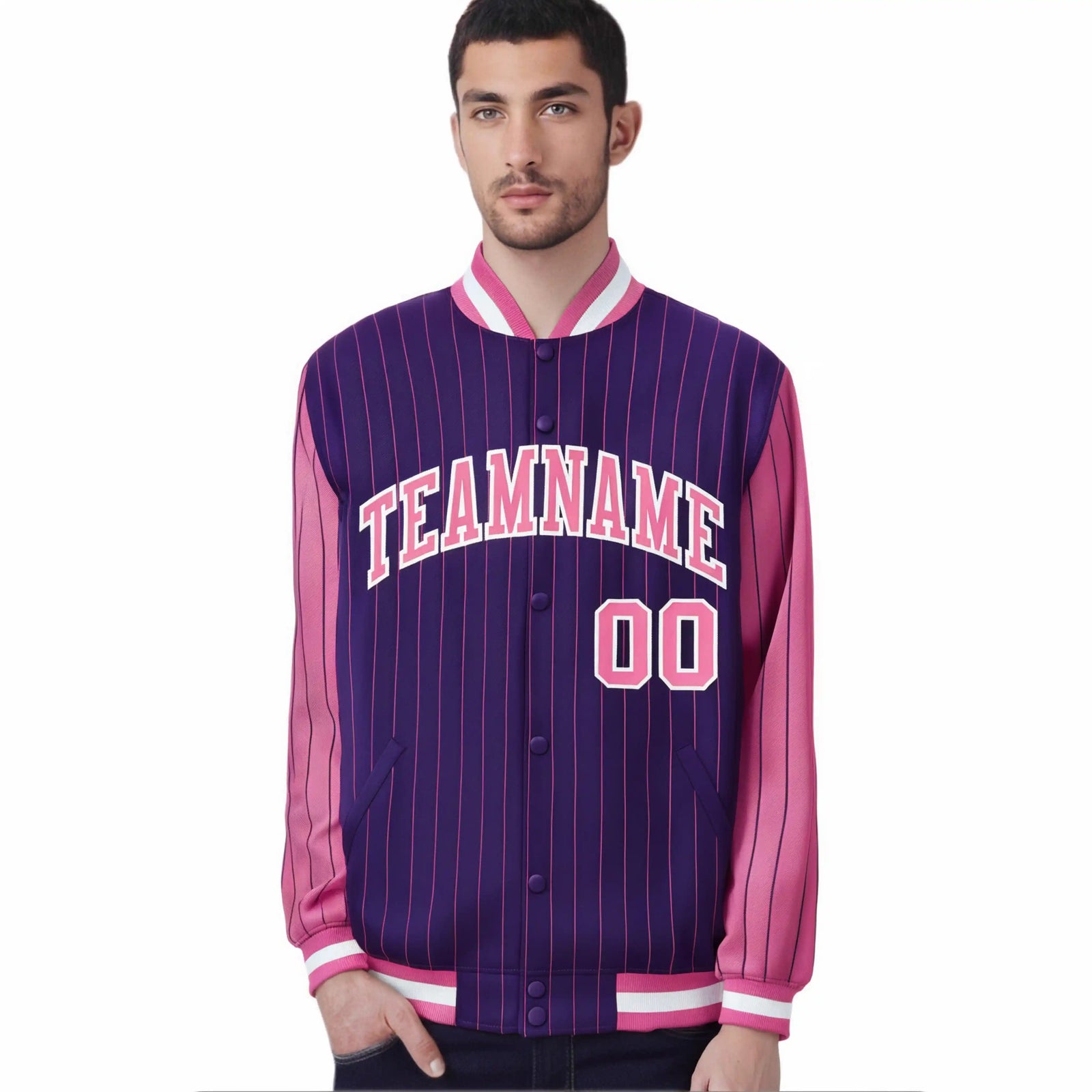 Custom Purple Pink Pinstripe White-Pink Bomber Full-Snap Varsity Letterman Jacket