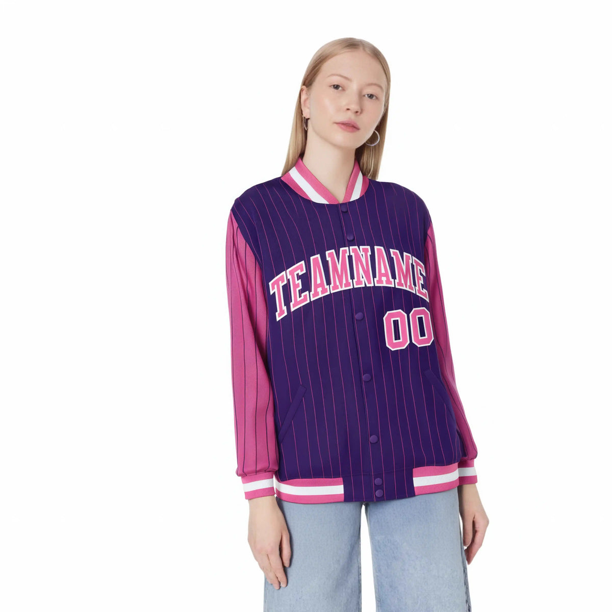 Custom Purple Pink Pinstripe White-Pink Bomber Full-Snap Varsity Letterman Jacket
