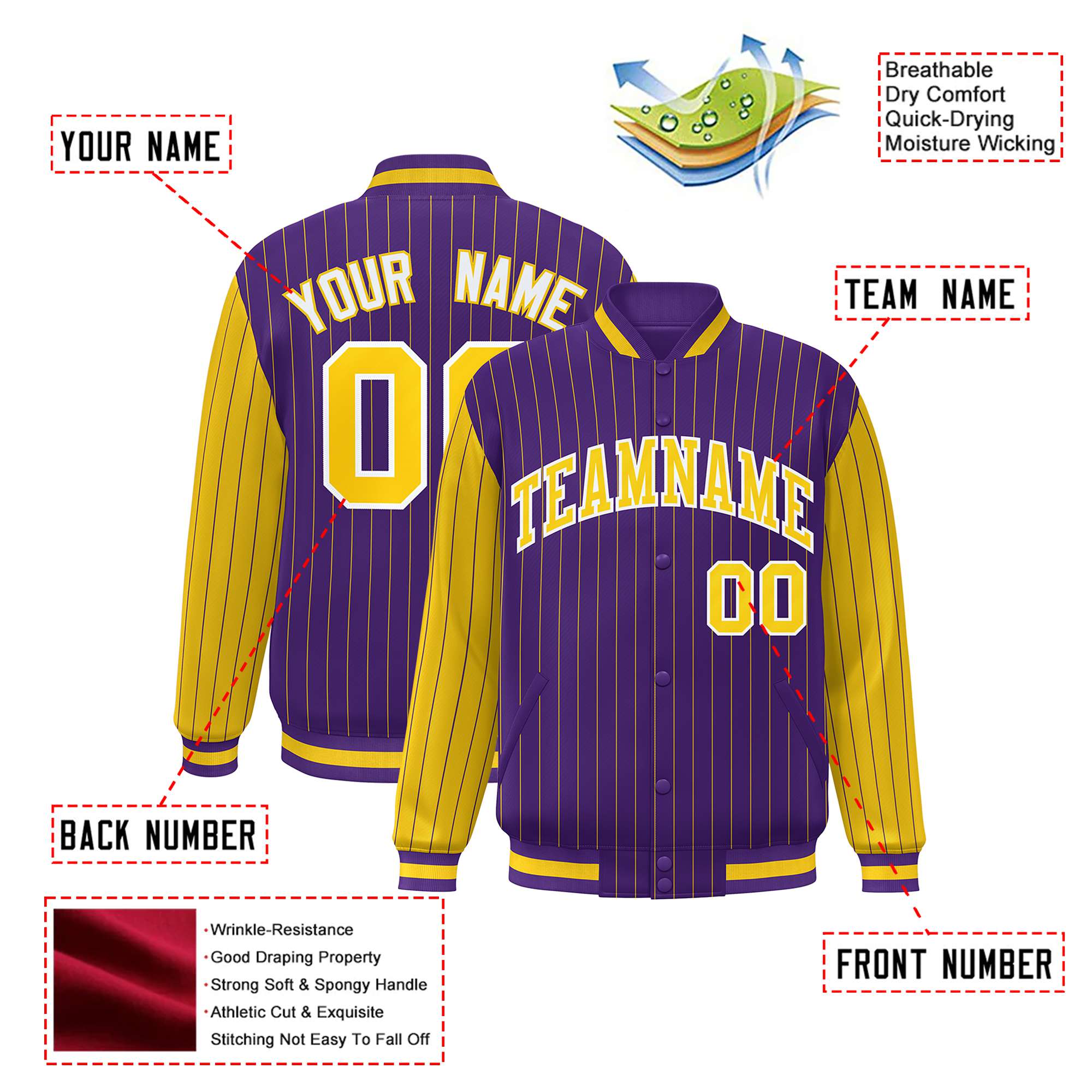 Custom Purple Gold Pinstripe White-Gold Bomber Full-Snap Varsity Letterman Jacket