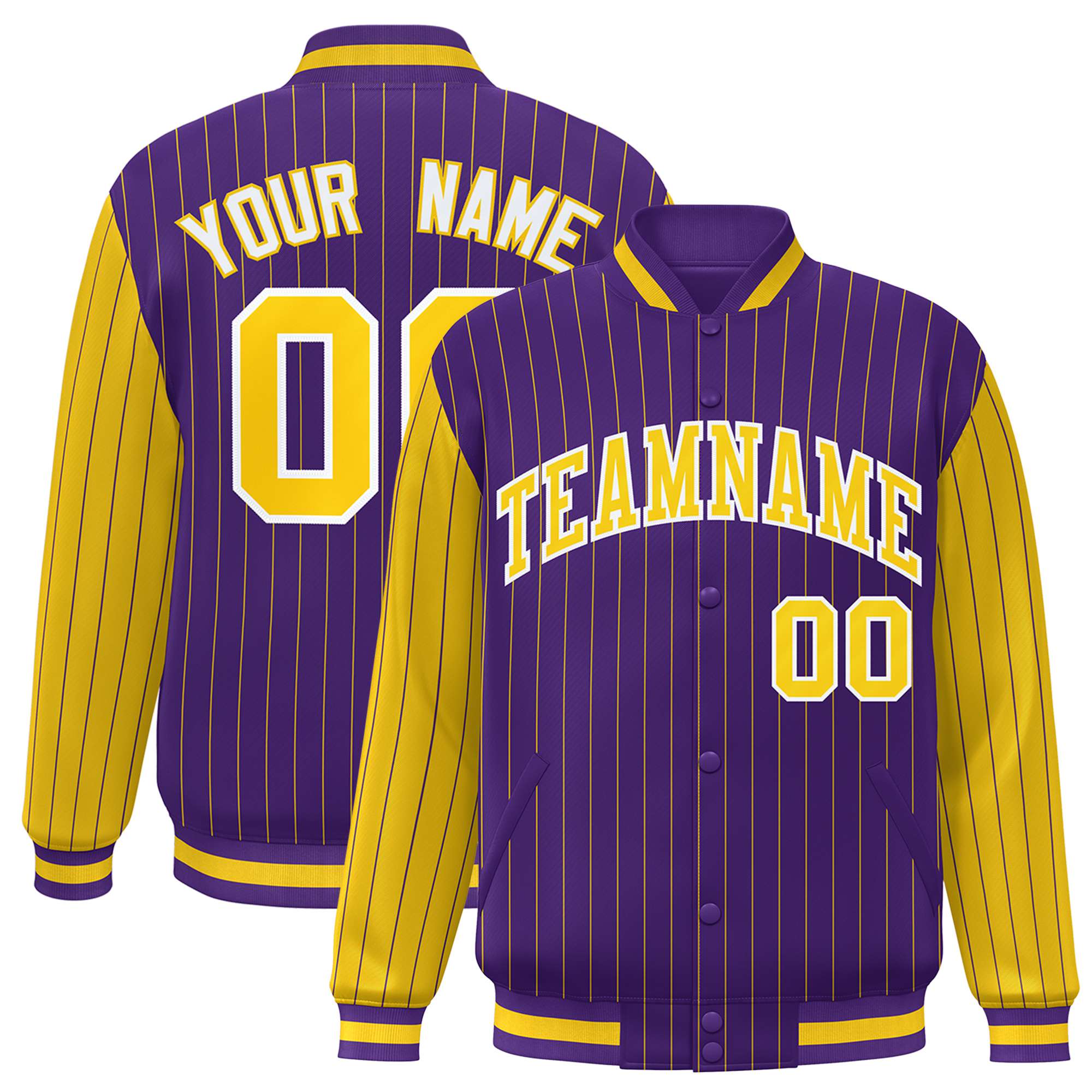 Custom Purple Gold Pinstripe White-Gold Bomber Full-Snap Varsity Letterman Jacket