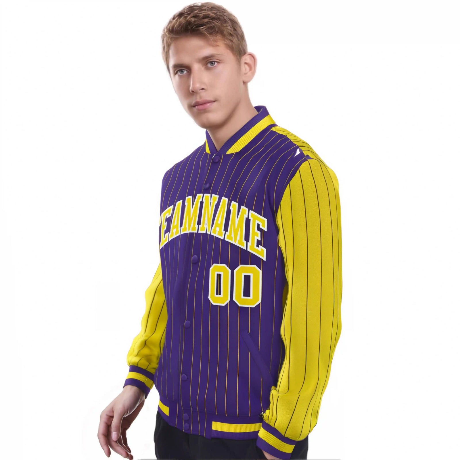 Custom Purple Gold Pinstripe White-Gold Bomber Full-Snap Varsity Letterman Jacket