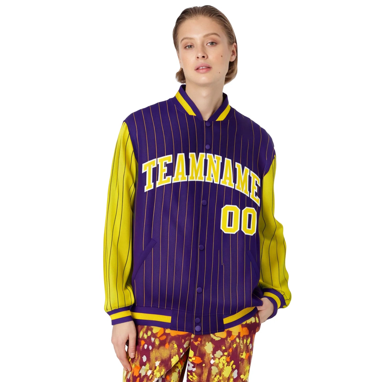 Custom Purple Gold Pinstripe White-Gold Bomber Full-Snap Varsity Letterman Jacket