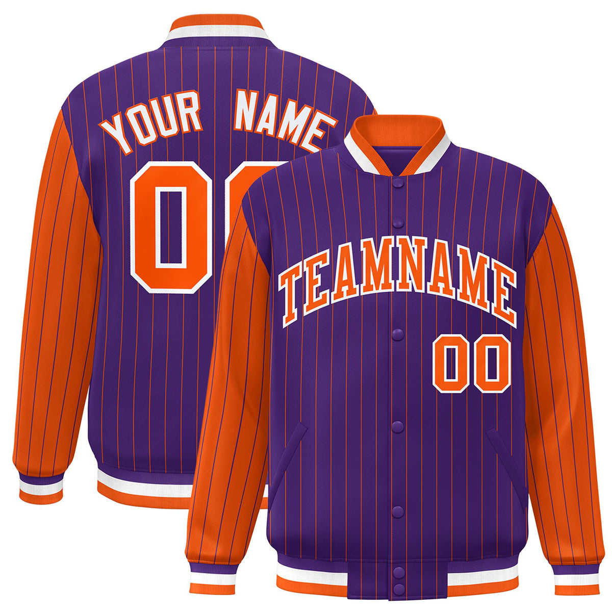 Custom Purple Orange Pinstripe White-Orange Bomber Full-Snap Varsity Letterman Jacket